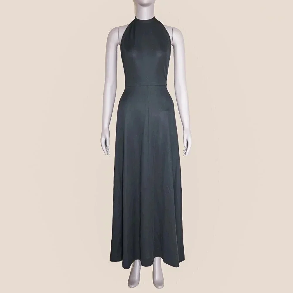 Vintage 80 Black Halter Open Back Long Dress Size Small Fall Outerwear Holiday